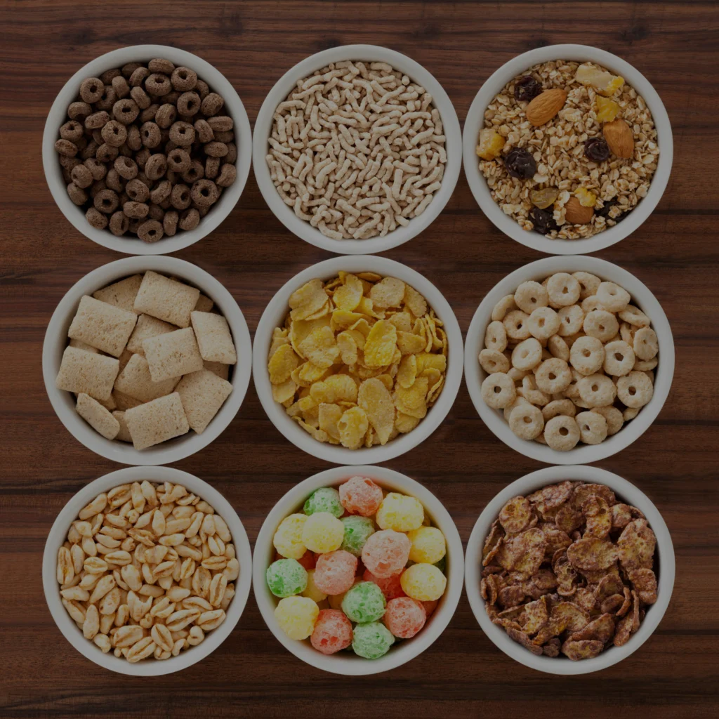 Assorted breakfast cereals in bowls, showcasing flexible cereal packaging solutions like resealable pouches and high-barrier film bags.