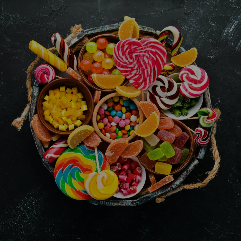 Premium confectionery packaging inspiration—assorted lollipops, gummies, and fruit jellies displayed in a rustic basket.